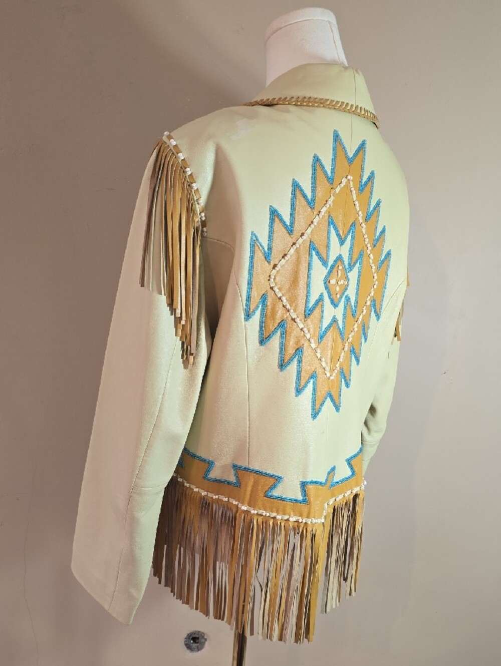 Fringed Pale Yellow Faux Leather Jacket with Turquoise Trim - Picture 5 of 15
